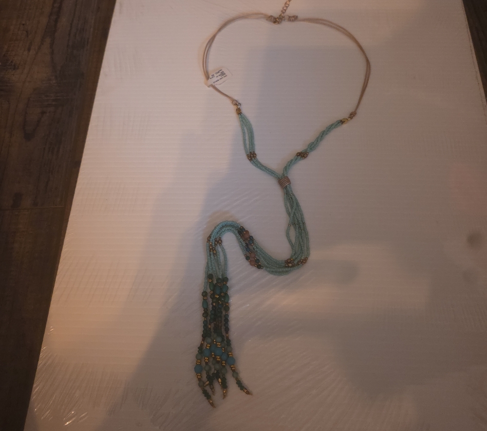 Johnny Was Aqua Beaded Tassel Necklace with Gold Accents